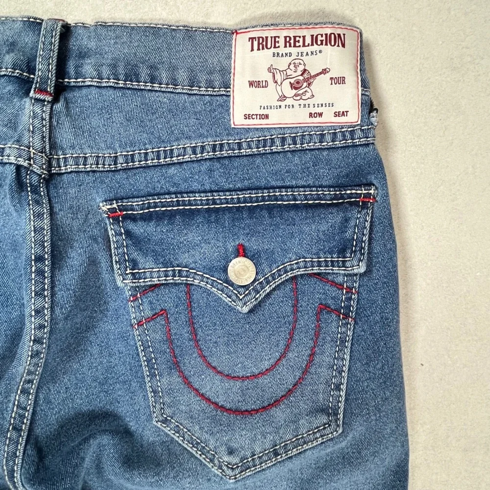 New True Religion Geno Big T Flap Jeans Men 33 Blue Relaxed Slim Red Stitch NWT